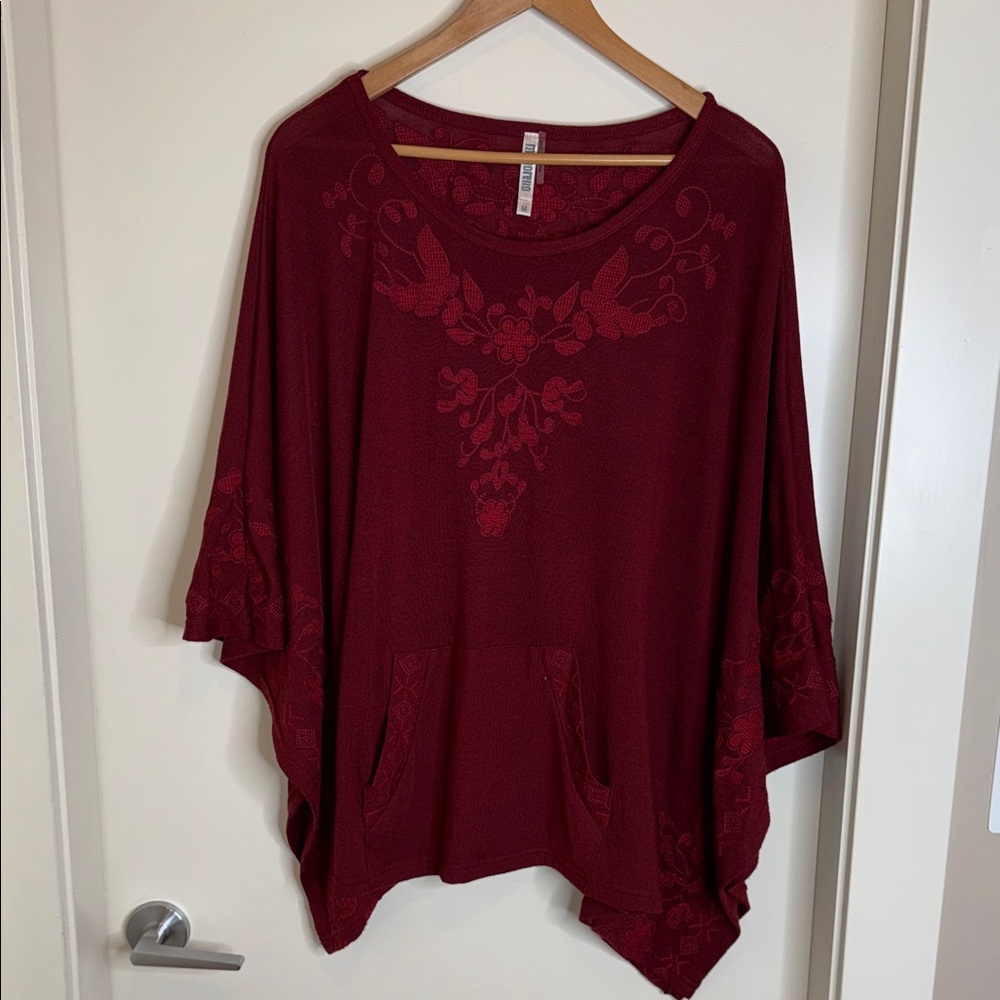 Monoreno Deep Red Poncho with Elegant Embroidery (B)